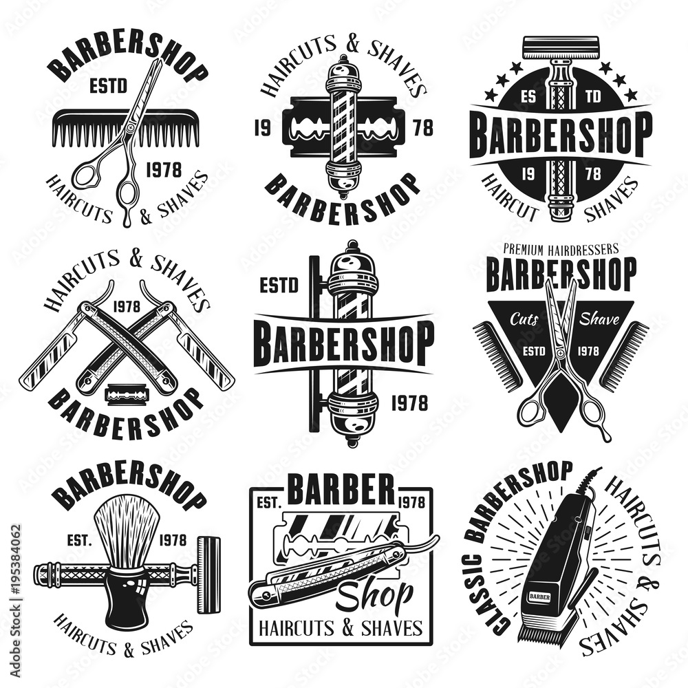 Fototapeta premium Barbershop or hairdressing salon set of nine vector monochrome emblems isolated on white background
