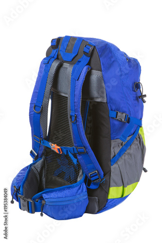 blue backpack of medium size, turned on the back
