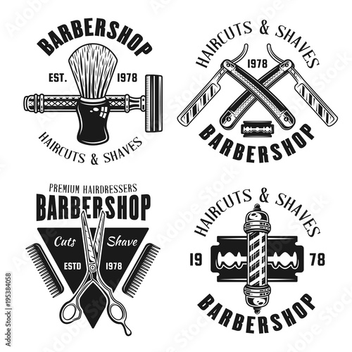 Barbershop set of four emblems in monochrome style vector illustration isolated on white background