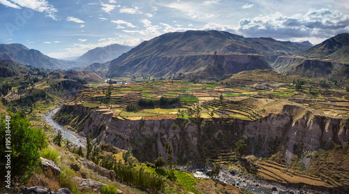 View of terraced fields and Colca river in Colca Canyon in southern Peru, in Arequipa departement