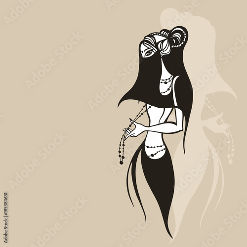 Beautiful muslim woman in black Hijab. Silhouette. Hand drawn vector illustration.
