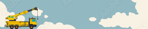 Big yellow crane, sky with clouds in background. Vintage color stylization. Construction machinery vehicle and ground works. Vector master illustration. Horizontal banner layout with excavator.