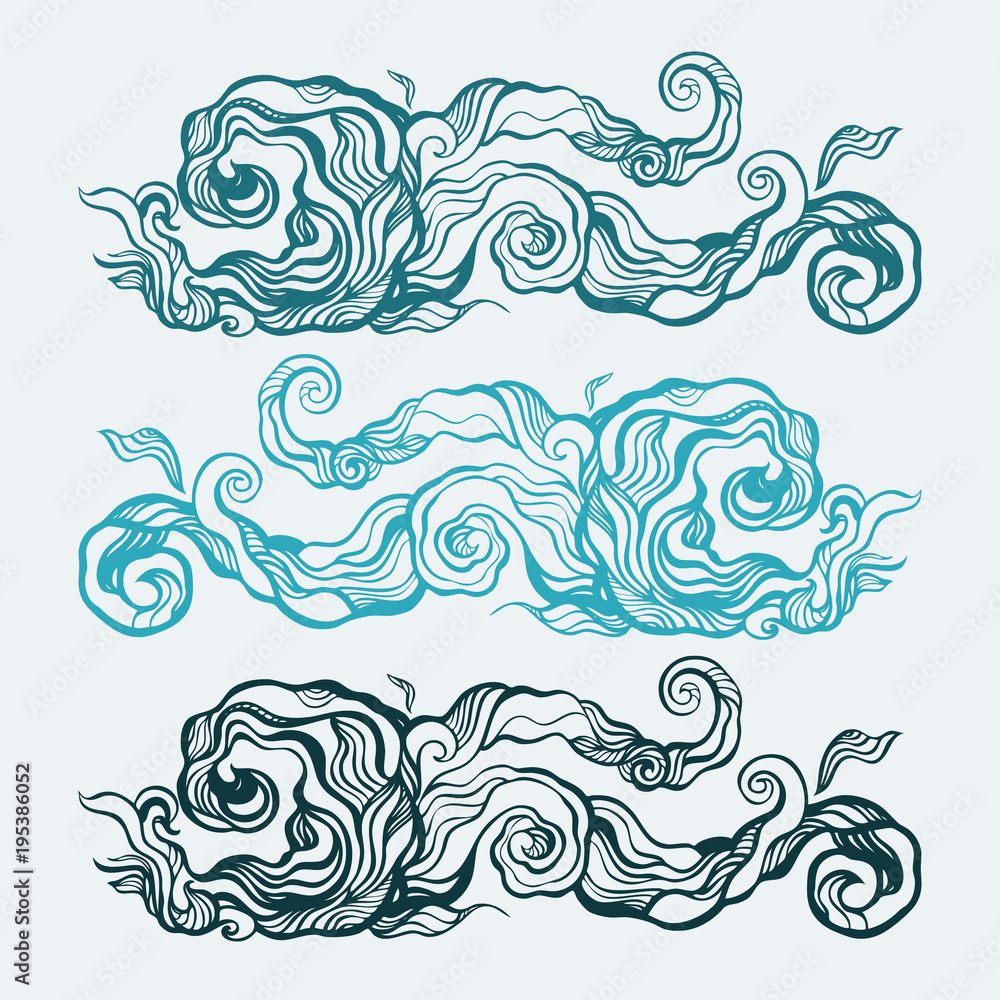 Fototapeta premium Blue water wave, abstract Hand Drawn vector Pattern