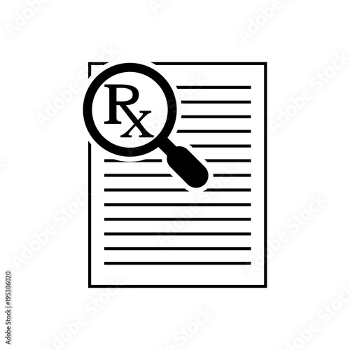 Icono plano receta con lupa en color negro