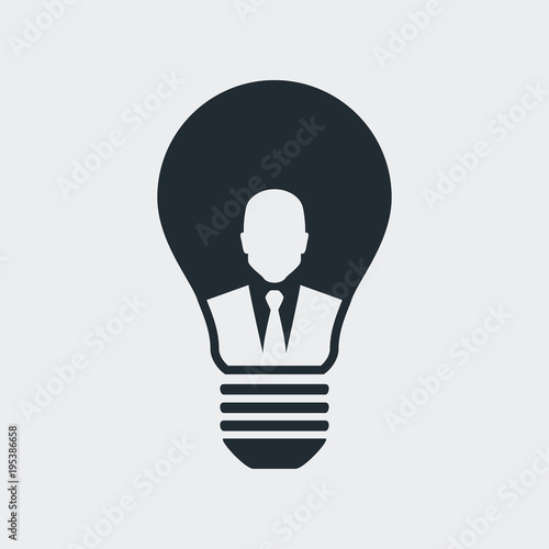Icono plano hombre de negocios y bombilla en fondo gris