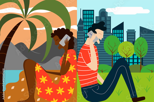 Vector illustration for concept of modern communication - two friends talking via smart phone from different locations in the world