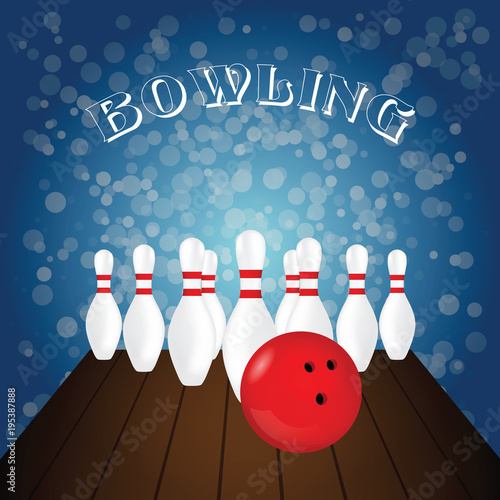 bowling poster with white pin and red ball illustration on blue background