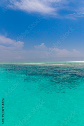 Fototapeta Naklejka Na Ścianę i Meble -  Turquoise water blue sky on a tropical island. The sand is white and the water is calm and there are clouds in the sky. The water is crystal clear. There are green trees on the island .Zanzibar