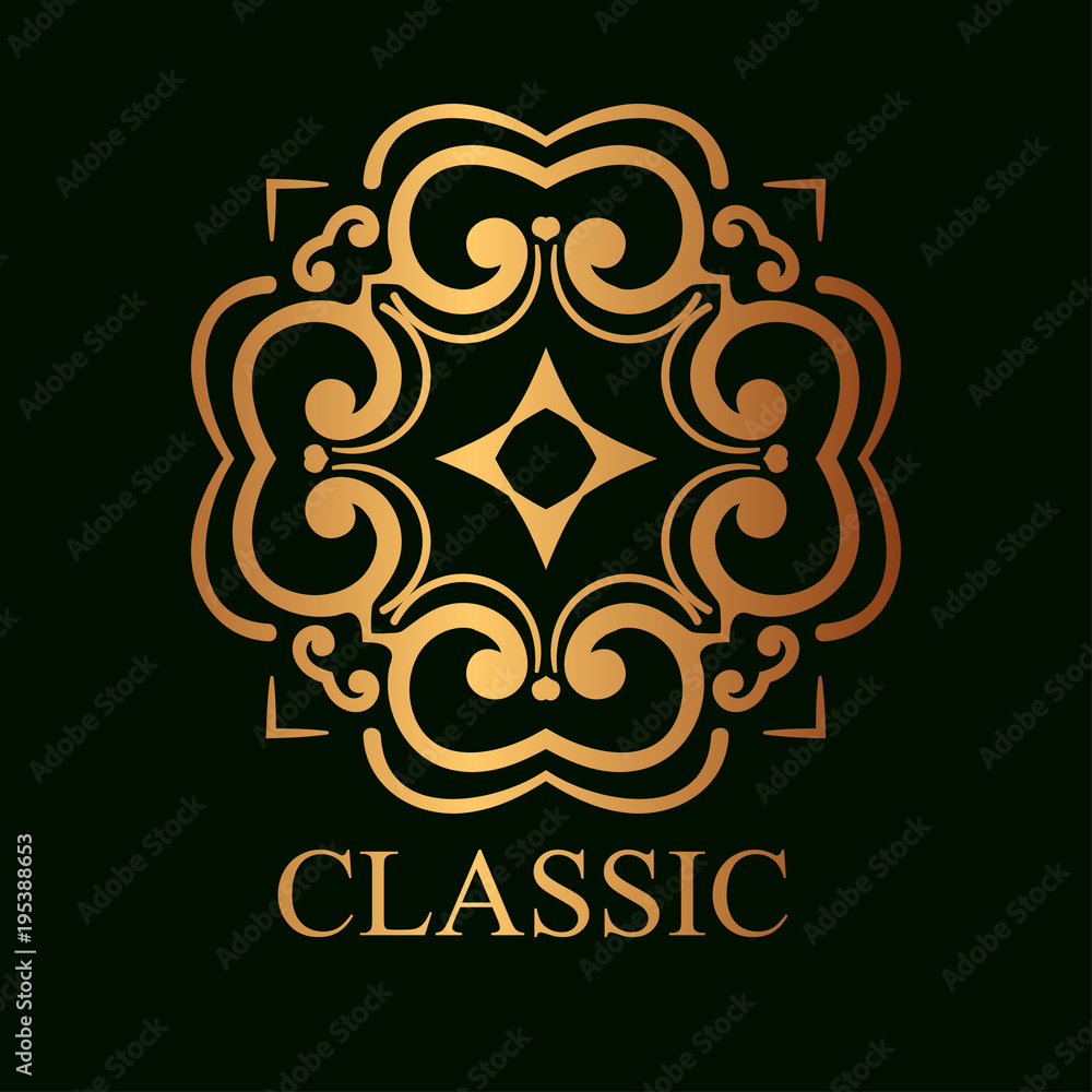 Fototapeta premium Vintage ornamental golden logo template with text. Vector illustration