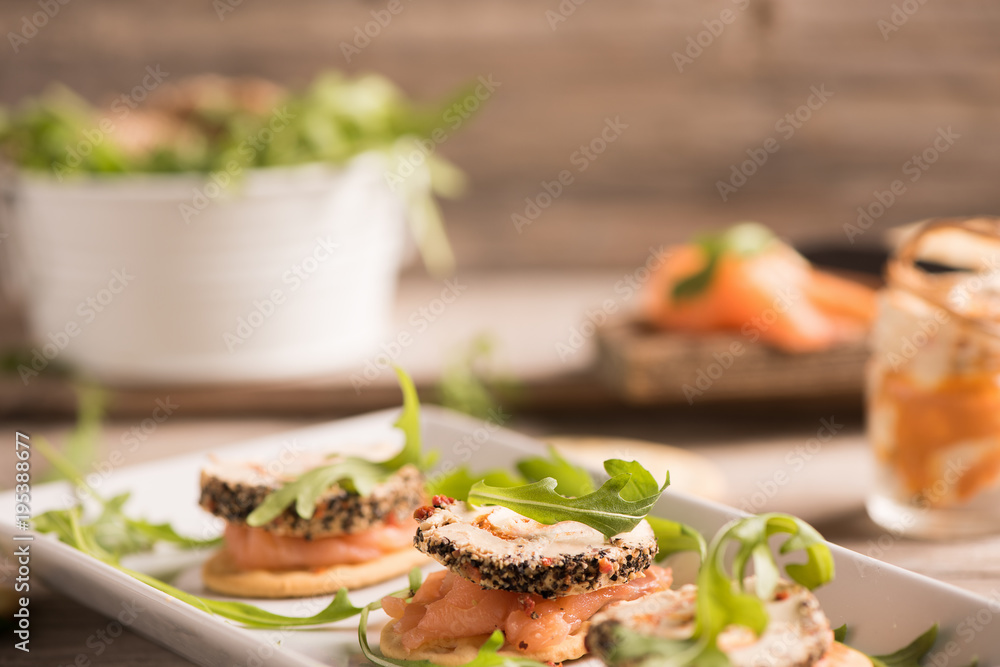 Canapes with smoked salmon and cream cheese