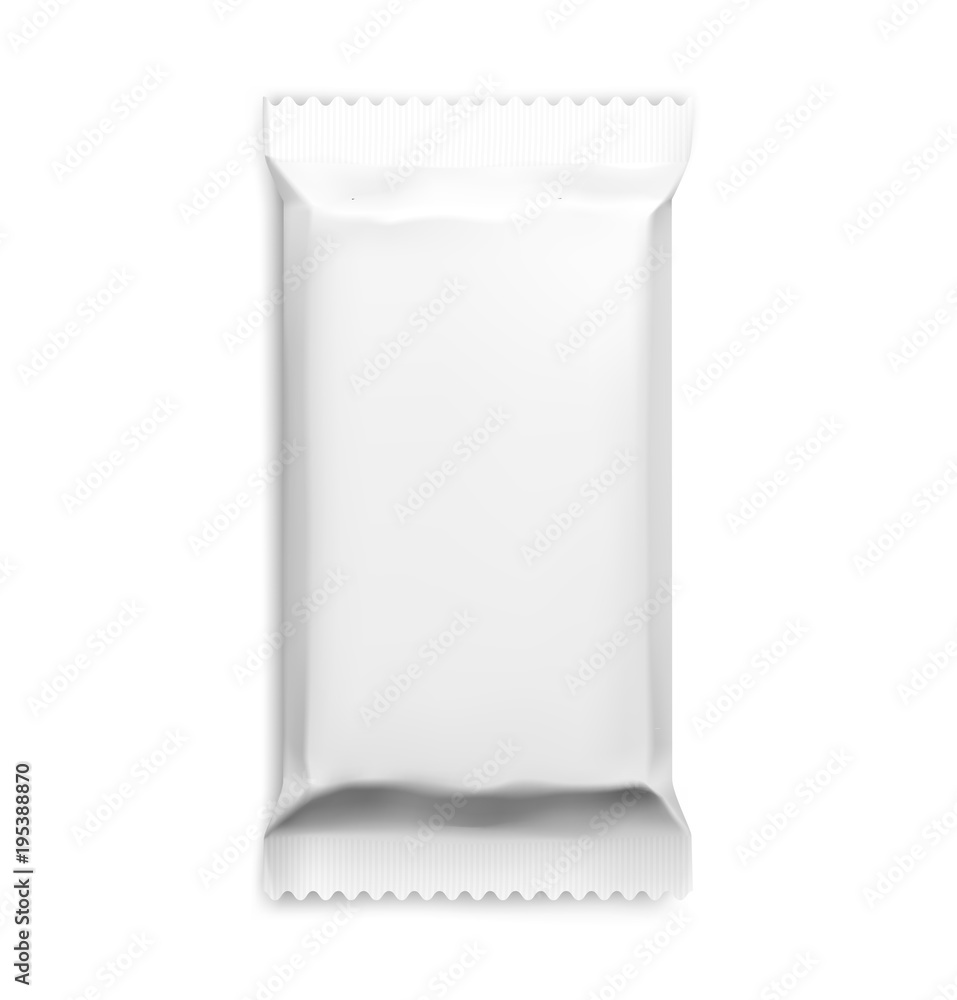 White blank flow pack for choco, sweets, cookies. Vector illustration isolated on white background. EPS10 White blank flow pack for choco, sweets, cookies. Vector illustration isolated on white background. EPS10