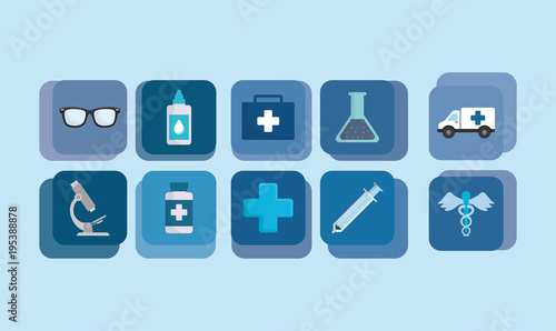 Icon set of medical service concept over blue squares and  background, colorful design vector illustration