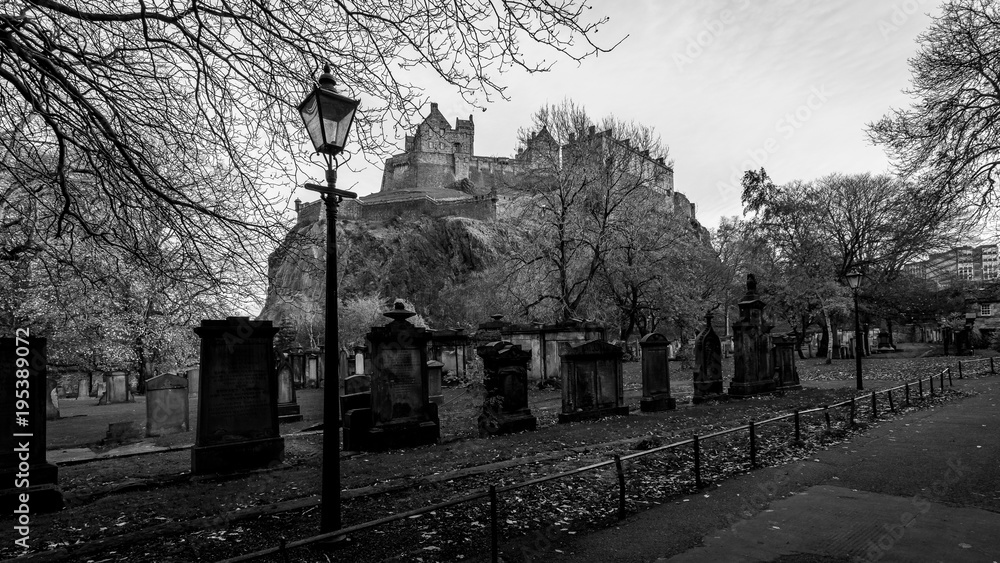 Old Cemetery with Edinburgh Castle in Background, Scotland Black and White High Contrast Photography