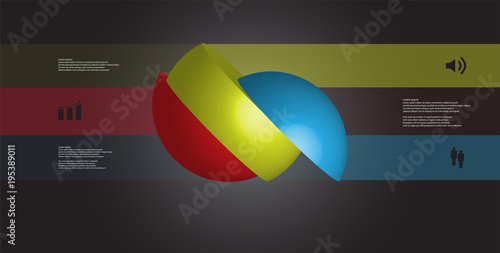 3D illustration infographic template with ball sliced to three parts turned to side and shifted