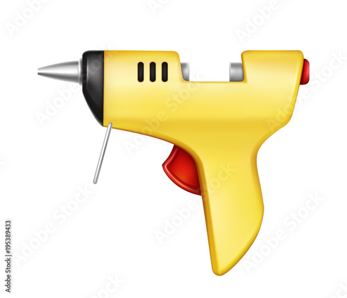 Vector 3d realistic yellow glue gun isolated on white background. Hand tool for gluing, repairing, adhesive fixation. Construction, industry appliance. Pistol with sticky rod for hobby craft, handmade