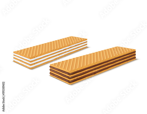 Vector set of 3d realistic rectangular crispy wafers with chocolate and milk filling isolated on white background. Waffles filled with vanilla creme, cacao. Confectionery, snack, crunchy dessert.