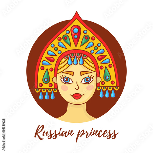 Russian woman in traditional hat kokoshnik colorful vector portrait