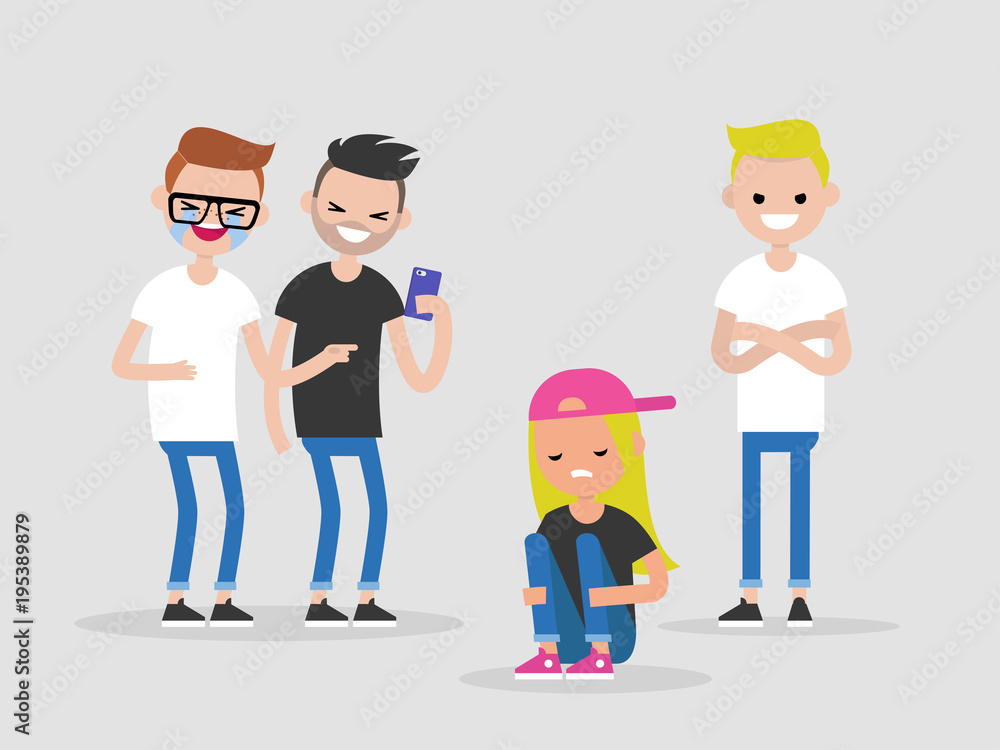 Social intolerance. Sexism. Bullying. A group of young male people mocking a girl. Hate concept. Flat editable vector illustration, clip art