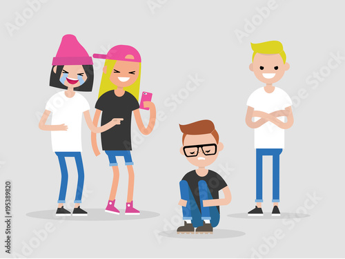 Social intolerance. Mockery. Bullying. A group of young people mocking a nerdy guy. Hate concept. Flat editable vector illustration, clip art