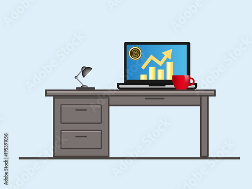Bitcoin. Laptop with growth diagram on screen. Cryptocurrency and digitally concept. Bitcoin growing value concept. Isolated vector illustration