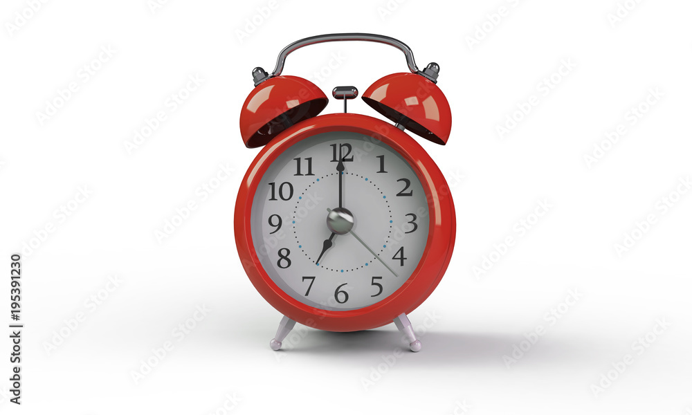 3d rendering of grey gray white Alarm clock isolated on white. It shows exact time and has two bells. metal legs. hour minute alarm hands 3d rendering of grey gray white Alarm clock isolated on white. It shows exact time and has two bells. metal legs. hour minute alarm hands