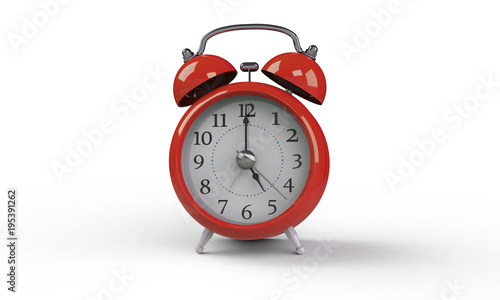 3d rendering of grey gray white Alarm clock isolated on white. It shows exact time and has two bells. metal legs. hour minute alarm hands