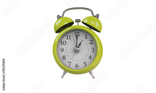 3d rendering of grey gray white Alarm clock isolated on white. It shows exact time and has two bells. metal legs. hour minute alarm hands