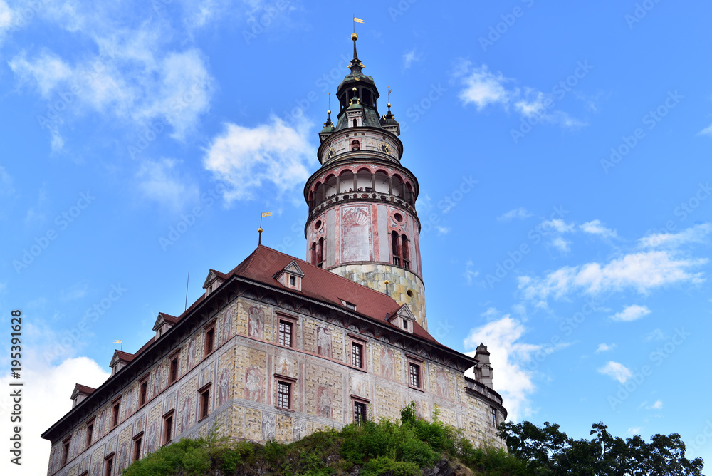 Czech Republic, Bohemia, Cesky Krumlov Renaissance style castle tower painted in 1590 by Bartholomew Beranek measuring 545 meters