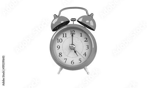 3d rendering of grey gray white Alarm clock isolated on white. It shows exact time and has two bells. metal legs. hour minute alarm hands