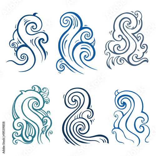 Ocean waves set isolated on white background, vector illustration