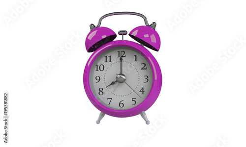 3d rendering of grey gray white Alarm clock isolated on white. It shows exact time and has two bells. metal legs. hour minute alarm hands