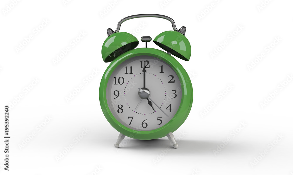 3d rendering of grey gray white Alarm clock isolated on white. It shows exact time and has two bells. metal legs. hour minute alarm hands 3d rendering of grey gray white Alarm clock isolated on white. It shows exact time and has two bells. metal legs. hour minute alarm hands