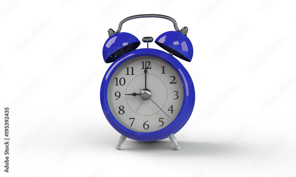 3d rendering of grey gray white Alarm clock isolated on white. It shows exact time and has two bells. metal legs. hour minute alarm hands 3d rendering of grey gray white Alarm clock isolated on white. It shows exact time and has two bells. metal legs. hour minute alarm hands