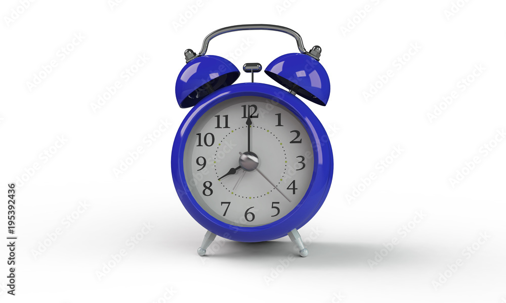 3d rendering of grey gray white Alarm clock isolated on white. It shows exact time and has two bells. metal legs. hour minute alarm hands 3d rendering of grey gray white Alarm clock isolated on white. It shows exact time and has two bells. metal legs. hour minute alarm hands