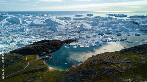 Ilulissat fjord. Drone view to many icebergs.