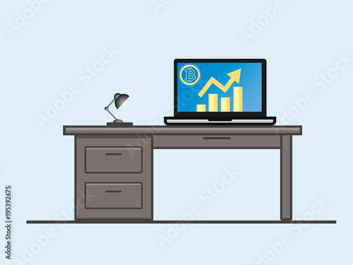 Bitcoin. Laptop with growth diagram on screen. Cryptocurrency and digitally concept. Bitcoin growing value concept. Isolated vector illustration
