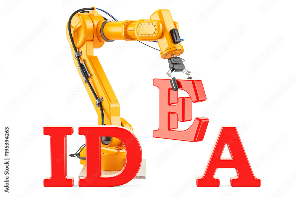 Idea concept with robotic arm, 3D rendering Idea concept with robotic arm, 3D rendering