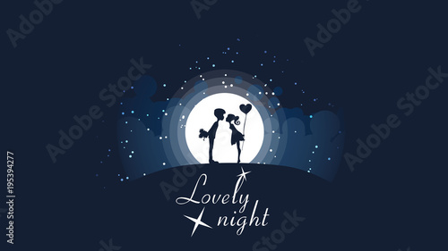 A couple of girls and guys kissing on the hill in front of a big bright moon and stars.