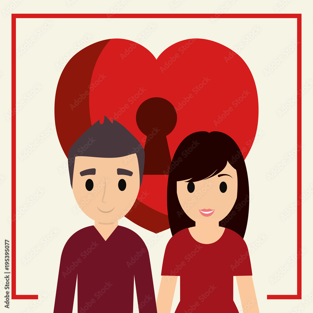 Cartoon happy Couple in love over heart padlock and white background, colorful design vector illustration Cartoon happy Couple in love over heart padlock and white background, colorful design vector illustration