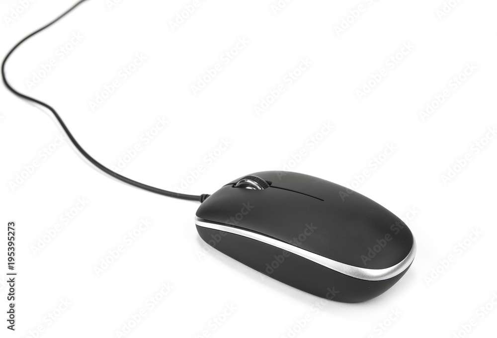 Computer mouse with black cable on the white Computer mouse with black cable on the white