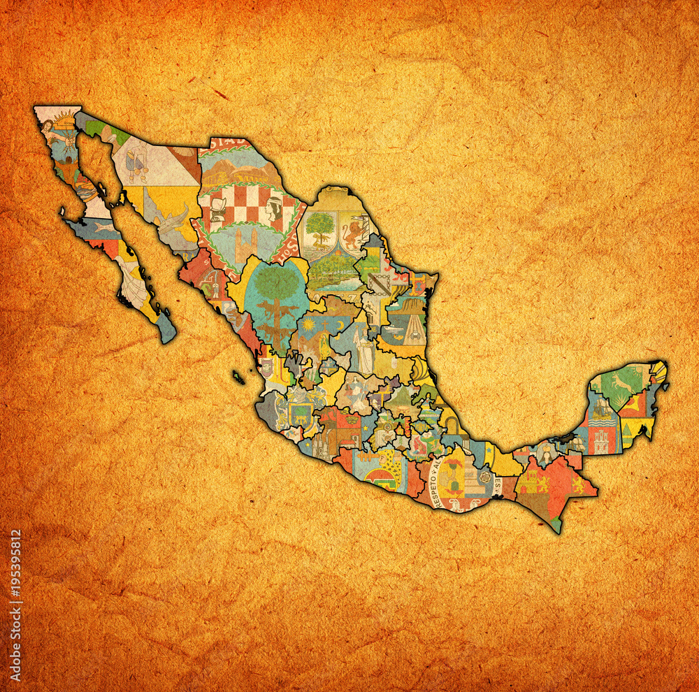 Photo & Art Print administration map of Mexico with region flags