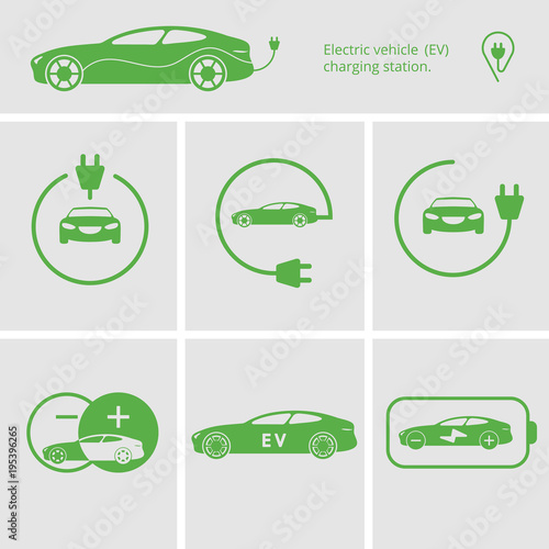 Vector Icons pin point electric vehicle charging station. Isolated electric car. Symbols hybrid cars. Future concept.