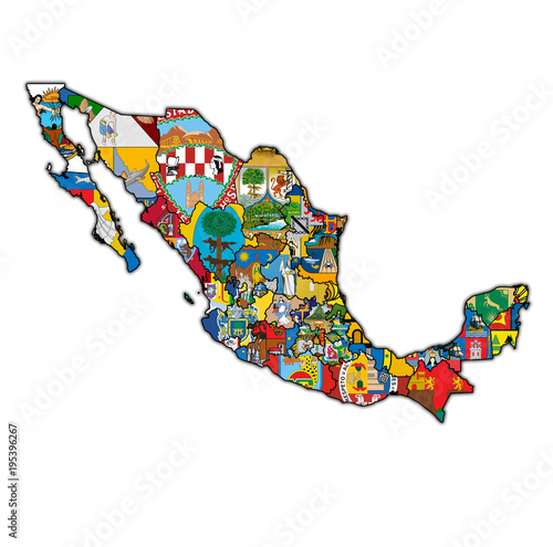 Canvas Print administration map of Mexico with region flags