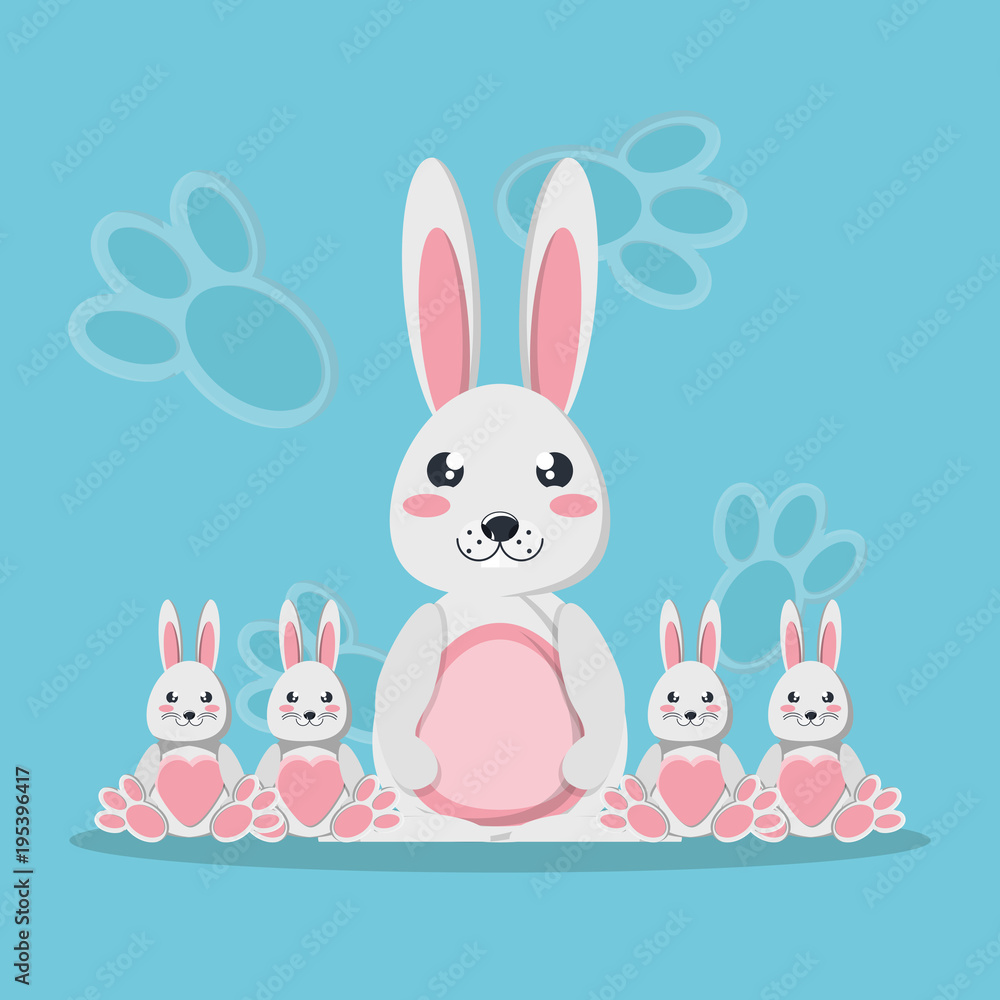 Cute rabbit mom and babies icon over blue background, colorful design. vector illustration Cute rabbit mom and babies icon over blue background, colorful design. vector illustration