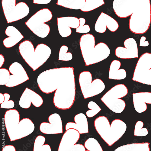 Abstract seamless heart pattern. Vector, minimalist white hearts on black background