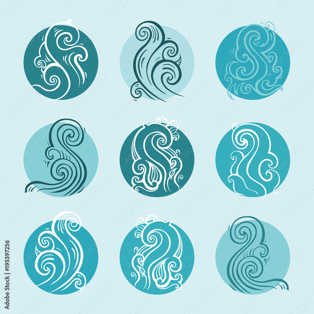 Ocean waves set isolated on white background, vector illustration Stock ...