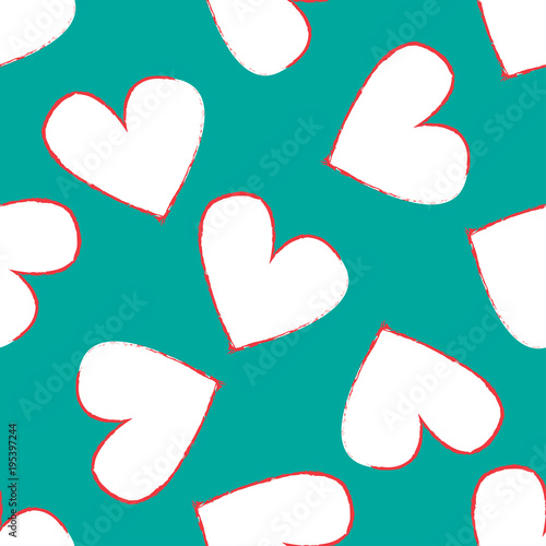 Abstract seamless heart pattern. Vector, minimalist white hearts on blue-green background