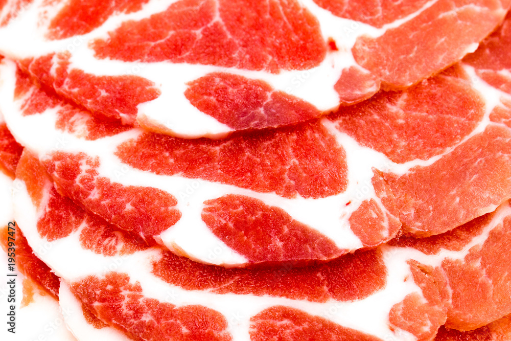 Close-up sliced raw pork isolated on white background. It copy space and selection focus. Close-up sliced raw pork isolated on white background. It copy space and selection focus.
