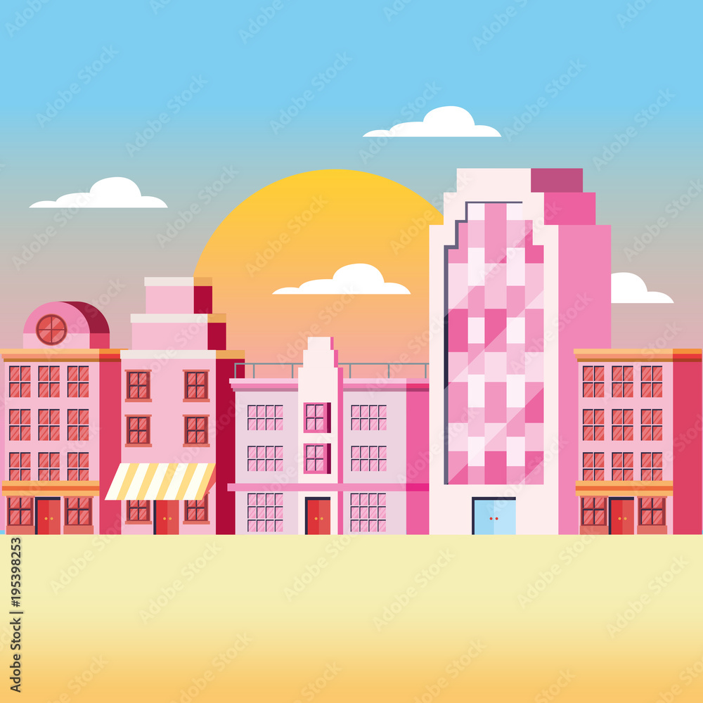 City and beach landscape at the sunset, colorful and retro design vector illustration