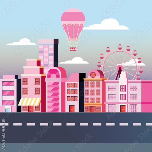 Old retro design of city buildings landscape with hot air balloon and fortune wheel, vector illustration